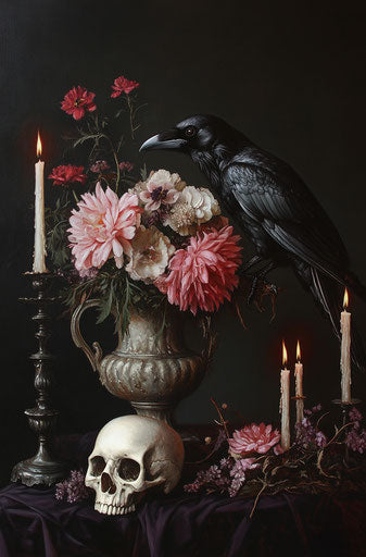 Raven, skull, and flowers in a vase with candles