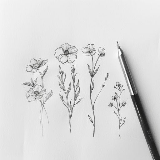 Collection of wildflower tattoos in fine line art, sketched on paper