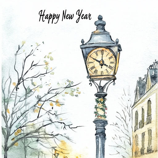Watercolor painting of a beautiful clock on a street lamp post, against a white background.