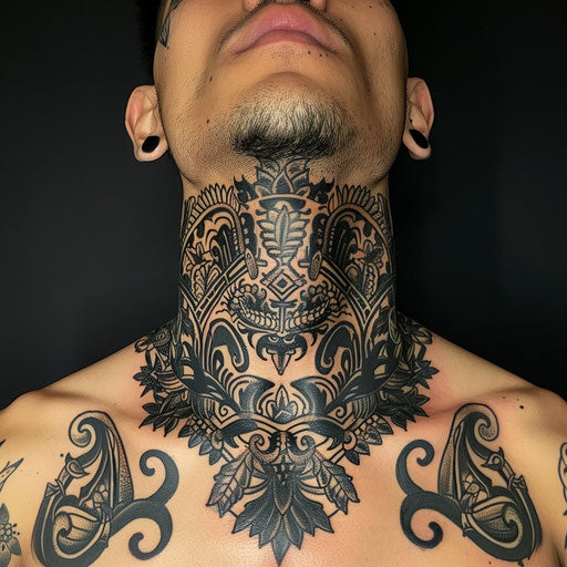 Throat tattoos with tribal elements, in the style of Ami James