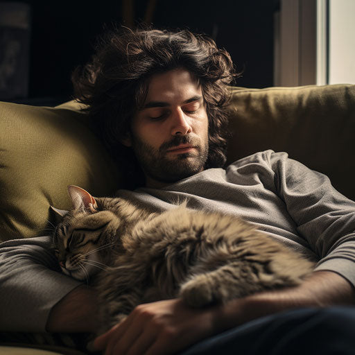 Norwegian forest cat sleeping on a couch with its owner