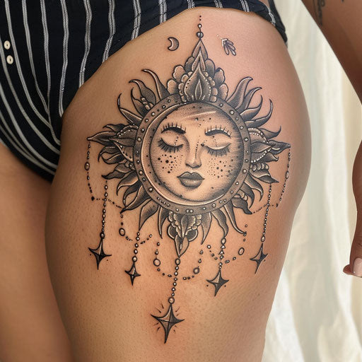 Tribal sun and moon thigh tattoo
