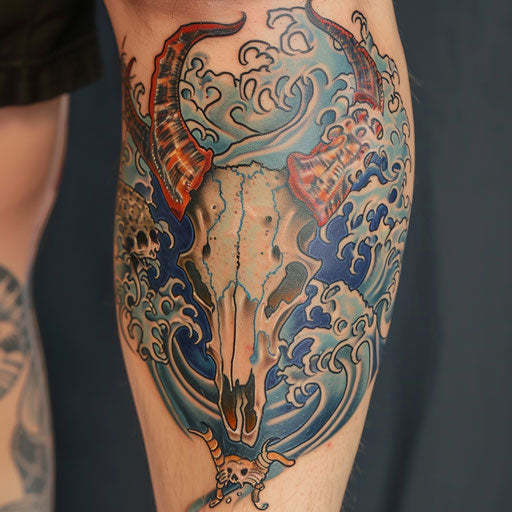 Marine-themed bull skull tattoo on white background