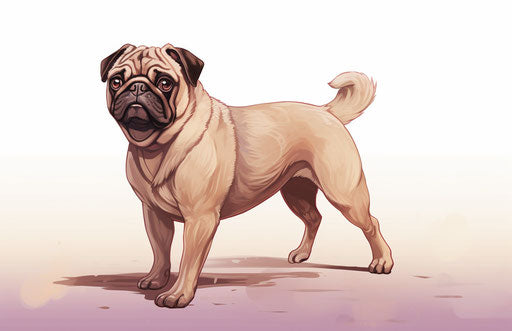 Small pug standing on white background in light maroon and light beige style with heavy shading