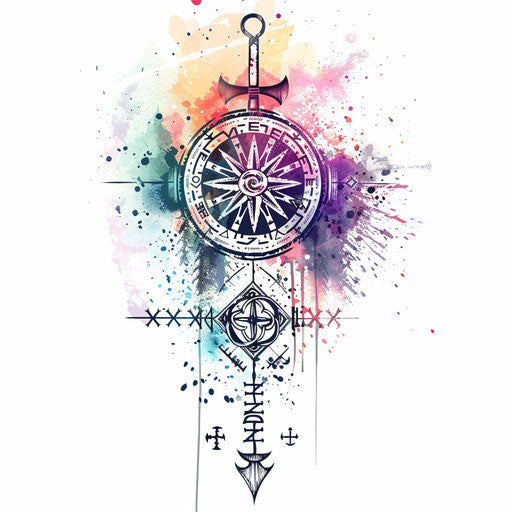 Elegant tattoo sketch of a Viking compass with watercolor effects