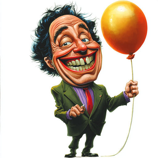 Humorous caricature of a leadership caricature with human characteristics, exaggerated grin teeth, big hands, holding a balloon, vibrant colors, cartoon style, winking, high-resolution, no background, isolated -c 40