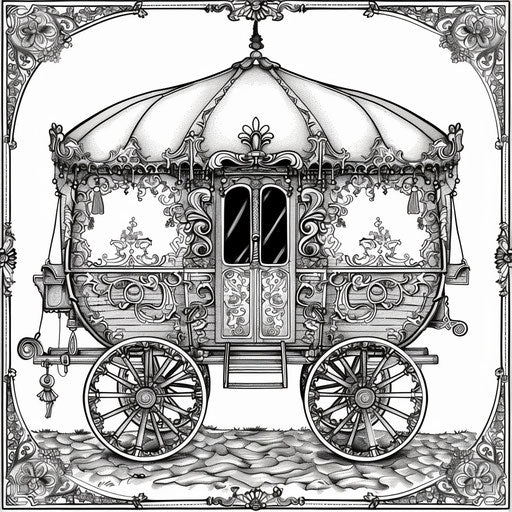 A detailed illustration of a circus wagon with ornate designs. Coloring book page