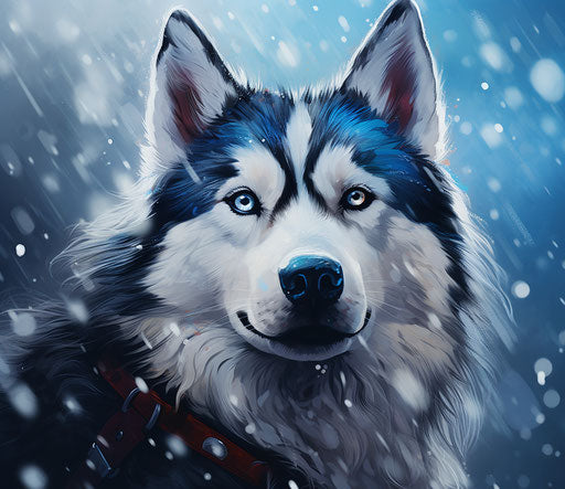 Husky dog in snow with blue eyes