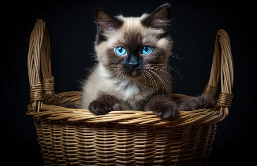Siamese cat in basket with straw