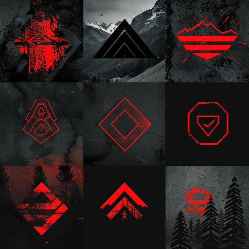Logos with rugged textures and bold fonts, black and red tones
