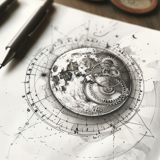 Steampunk tattoo design of a mechanical moon with gears on a white sheet