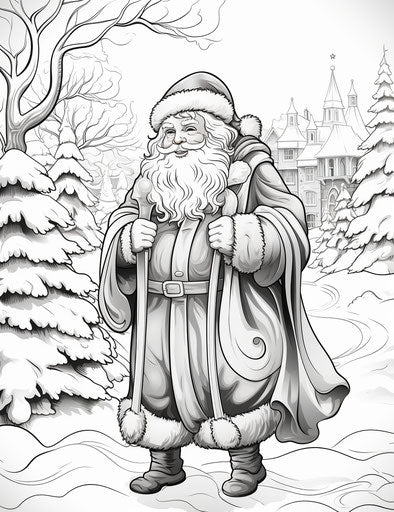 Santa Claus in Winter Outfit Coloring Page, Animated Exuberance Style