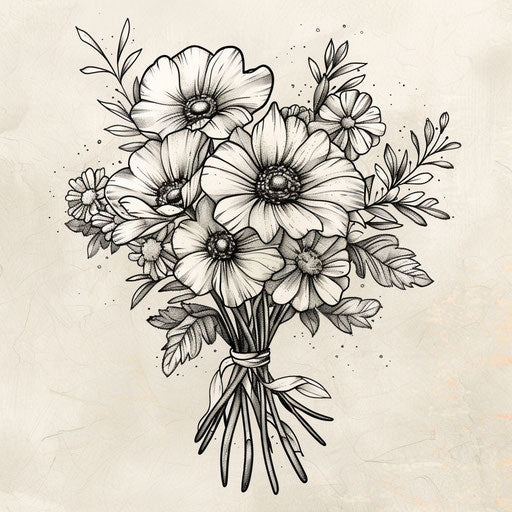 Flat tattoo sketch of a birth flower bouquet with anemones and zinnias in a hand-tied bunch