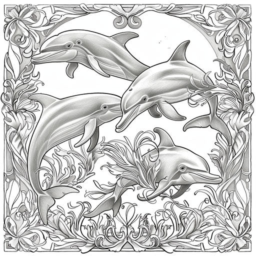 Dolphins with historical motifs in the style of Gennady Spirin Coloring book page