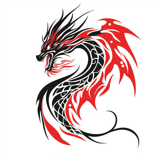 A lovely clipart style flat tribal dragon tattoo sketch featuring a dragon exhaling fire in bold red and black on white background