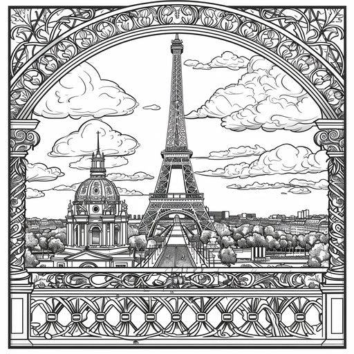 Detailed Eiffel Tower with intricate lattice and Paris skyline. Coloring page