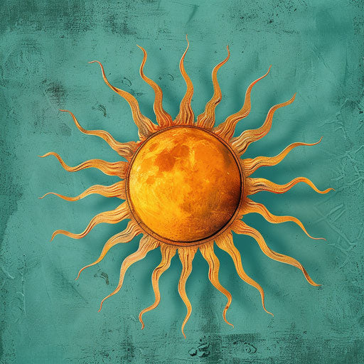Realistic sun clipart with flat teal background, vibrant contrasts and detailed textures