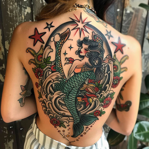 Traditional Women's Back Tattoos: Mermaids and Nautical Stars