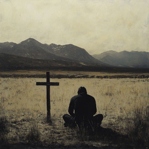 Praying figure with wooden cross in field