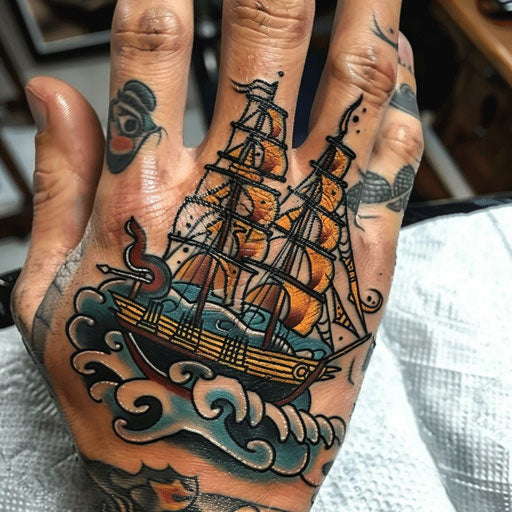 Finger tattoos for men in the style of Ed Hardy with classic nautical themes