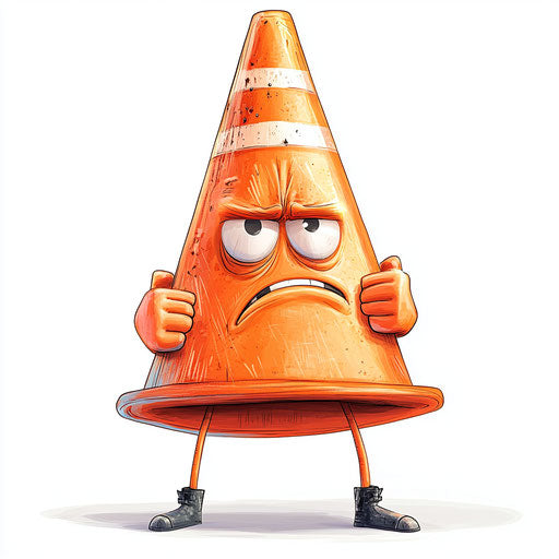 Humorous caricature of a traffic cone with human characteristics