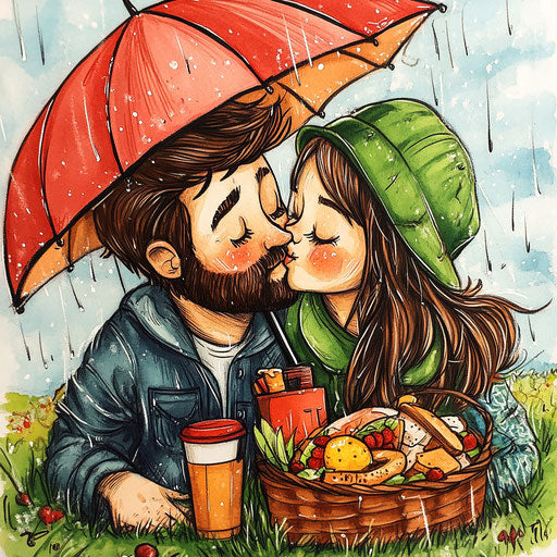 Caricature drawing of a cute couple having a picnic in the rain