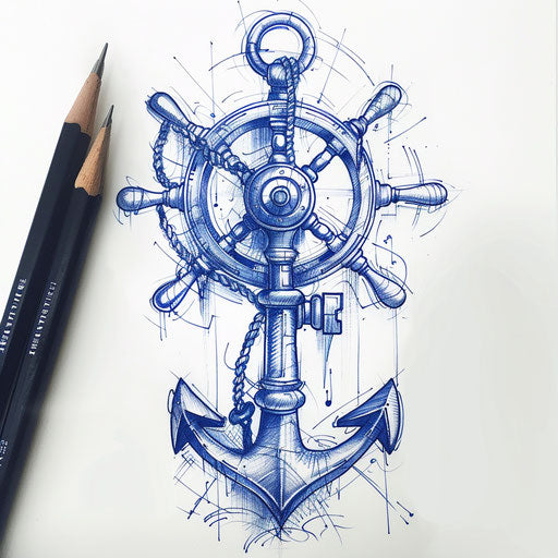 Nautical tattoo sketch of an old key with a ship wheel and anchor in deep blue tones
