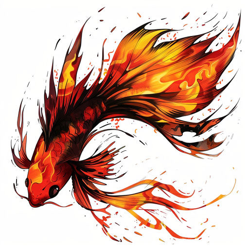 Fiery fish tattoo design with dynamic flames and warm colors on white background.