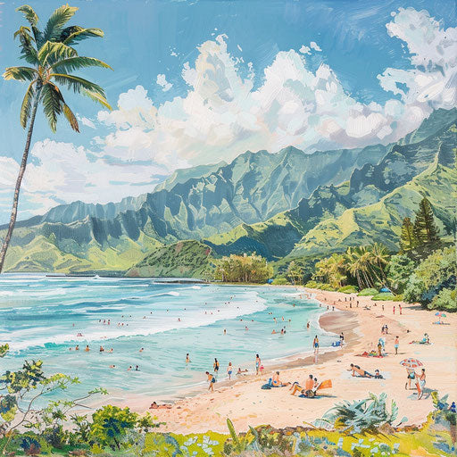 Hanalei Bay Beach, Kauai with families in the sun and sea