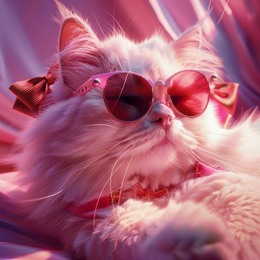 White cat with sunglasses and pink and red bows