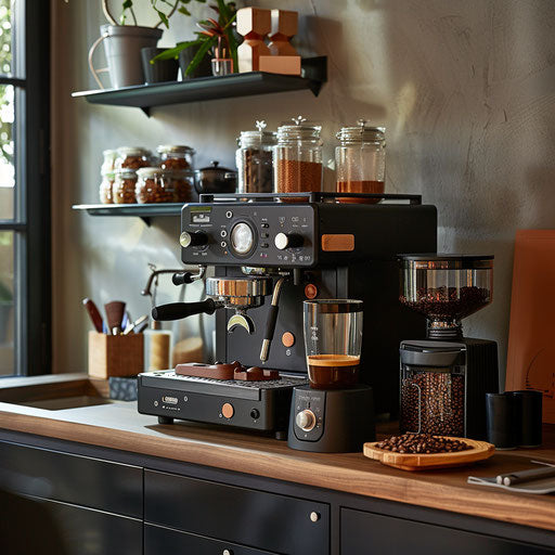 Home office with deluxe coffee bar setup