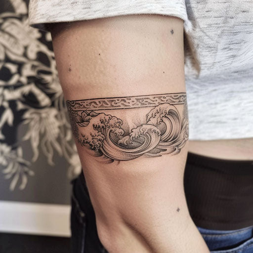 Waves and ocean elements armband tattoo on the upper arm