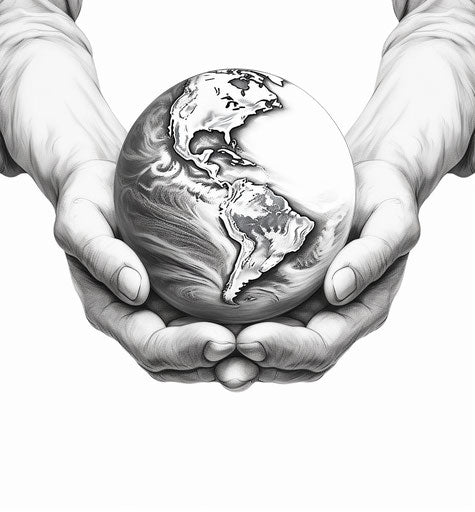Earth in human hands and outline sketch, black and white realism