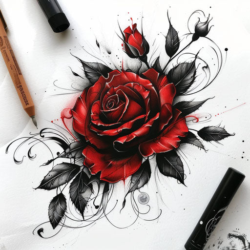 High-contrast tattoo sketch of a red rose with realistic details