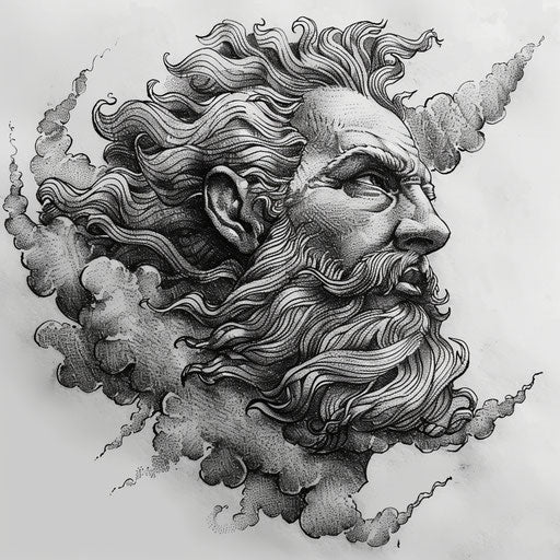 Zeus as an old wise man, flowing beard turning into storm clouds, detailed dotwork tattoo