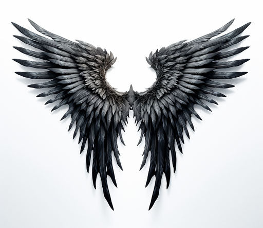 Engraved black wings in angelic style, high angle, white background