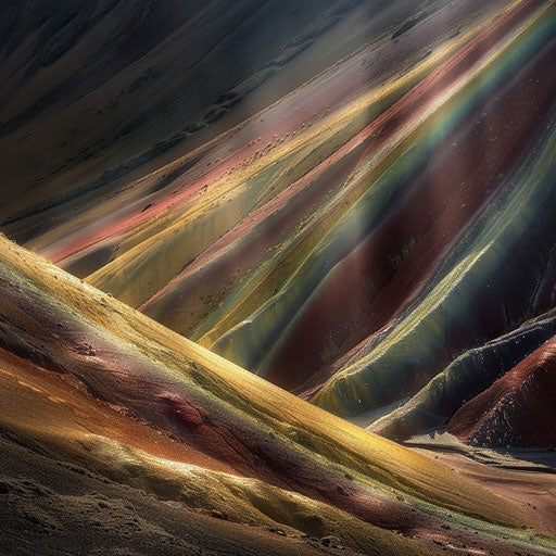 Rainbow Mountain, Peru with dramatic light beams and shadows