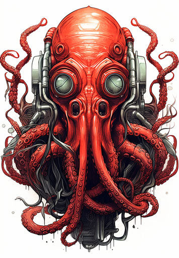 Red diving helmet and tentacles, tattoo inspired style, high res