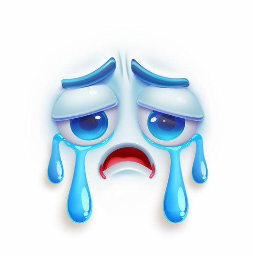 Crying face with blue tears and red snot on white background