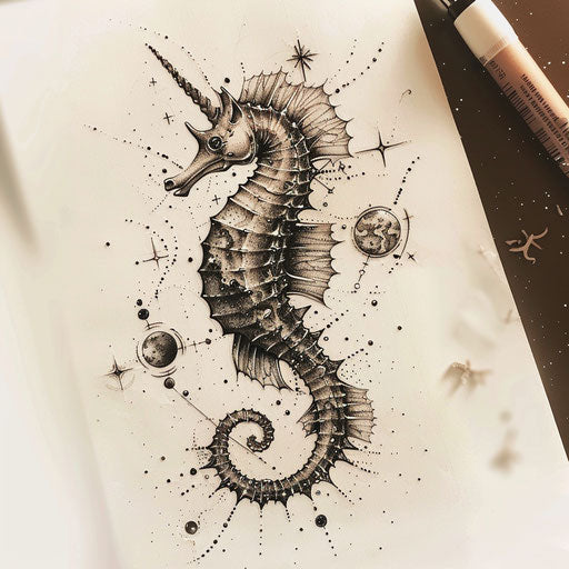 Cosmic seahorse tattoo sketch with starry space elements and celestial bodies