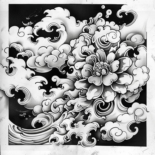 Black clover among waves and clouds in Japanese woodblock