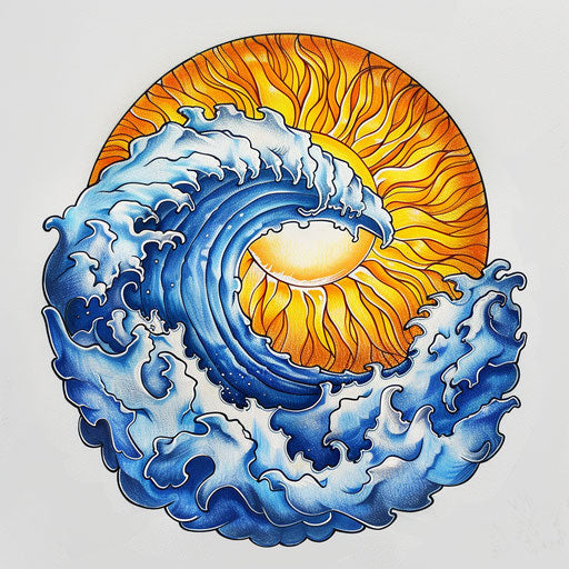 Nautical tattoo sketch of a rising sun with deep blue sea waves
