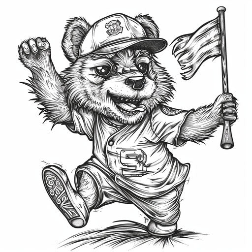 Whimsical baseball team mascot cheering with a flag