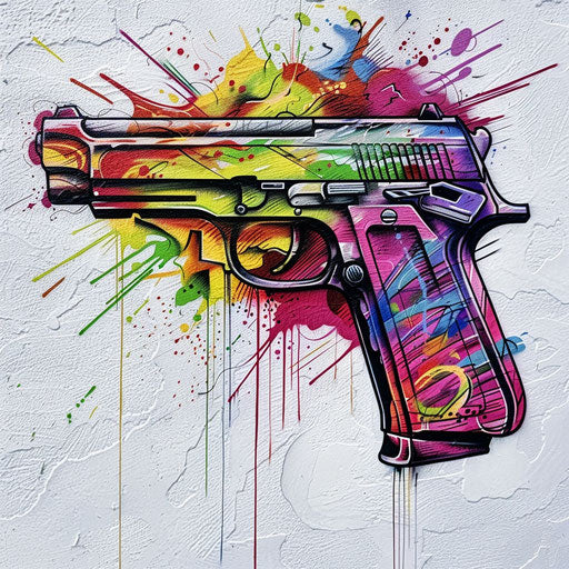 Explosive handgun with colorful graffiti on white urban wall