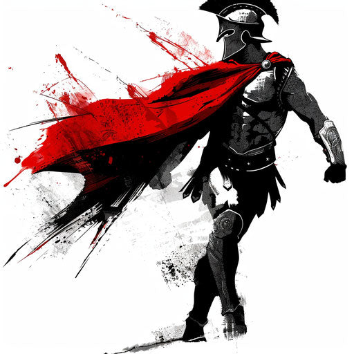 Silhouette of a Spartan soldier in dynamic pose with a red cape