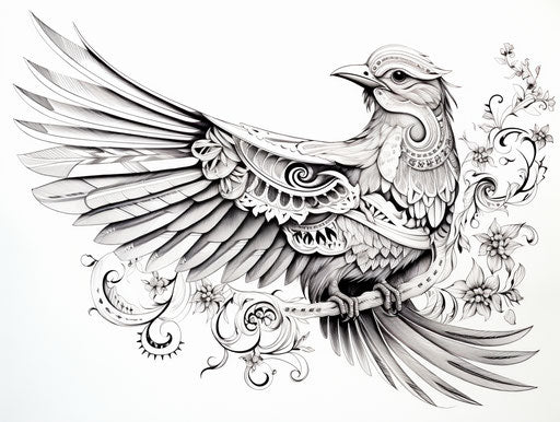 Bird drawing in black ink on white, intricate patterns