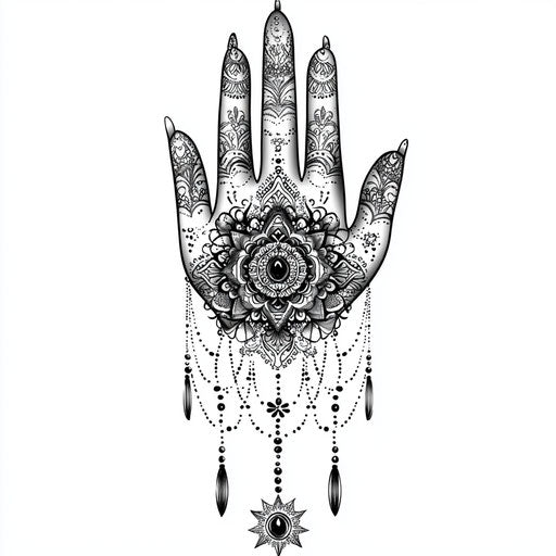 Hand mandala tattoo with lace on white background