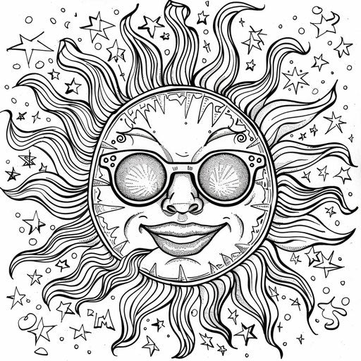 A whimsical sun with a smiling face and sunglasses. Coloring book page