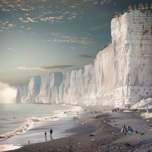 White Cliffs of Dover with festive beach scene below