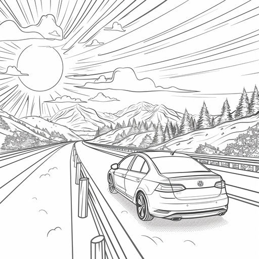 Car on highway at sunset. Coloring book page